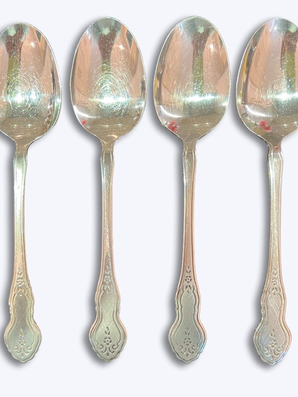 Vtg Oneida Stainless Folk Art Set of 4 Place Oval Soup Spoons Deluxe Meredith 7"